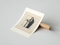 Rolled Woman holding severed head poster beside its crush-resistant kraft shipping tube