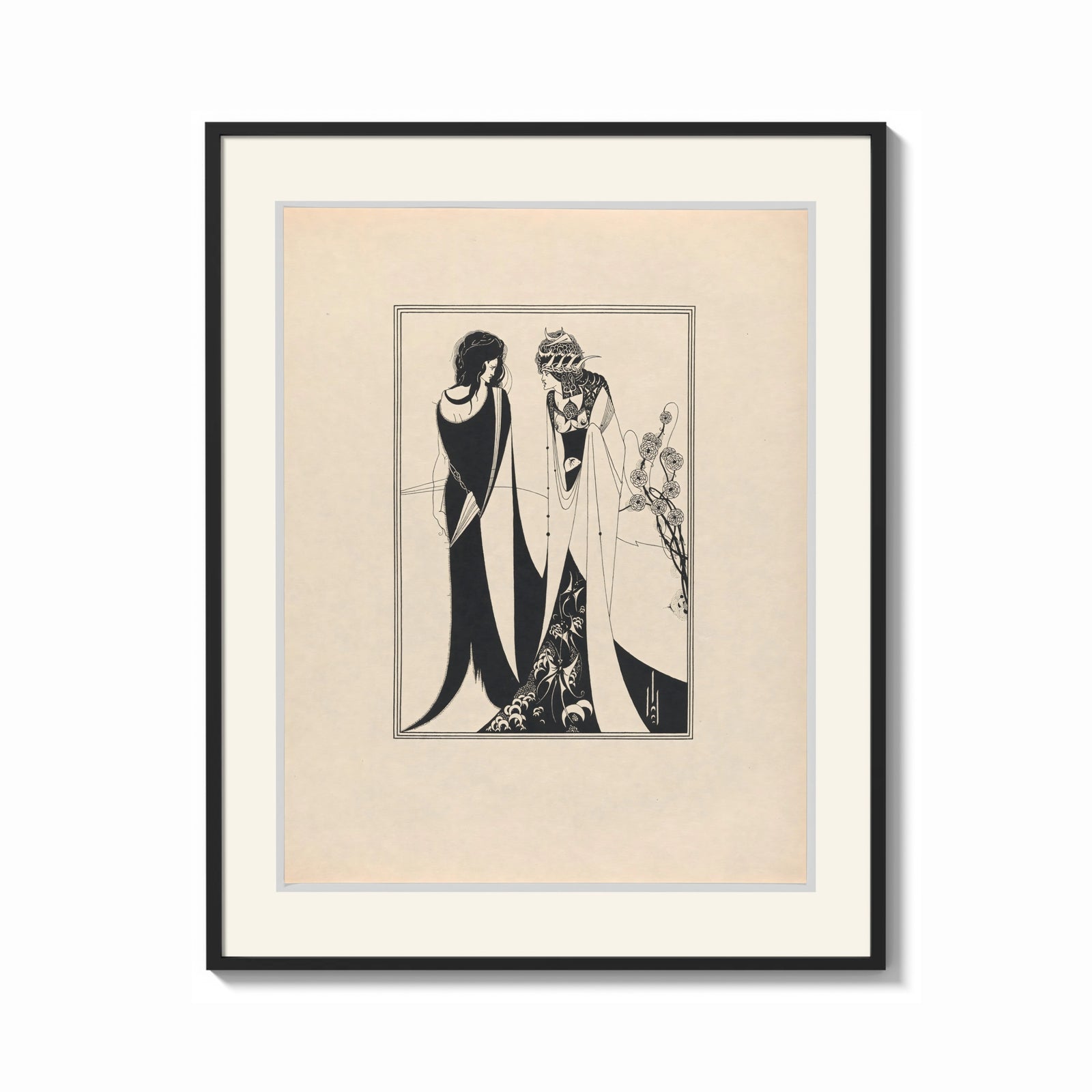 Framed Two Art Nouveau figures embracing print shown as a bold statement piece on a clean gallery wall