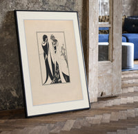 Two Art Nouveau figures embracing print in a black frame leaning beside a vintage door on parquet