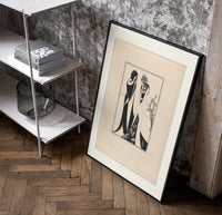 Two Art Nouveau figures embracing poster in a black frame leaning beside a shelf in a raw-plaster loft