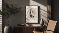 Two Art Nouveau figures embracing poster framed above a fluted sideboard beside an olive tree