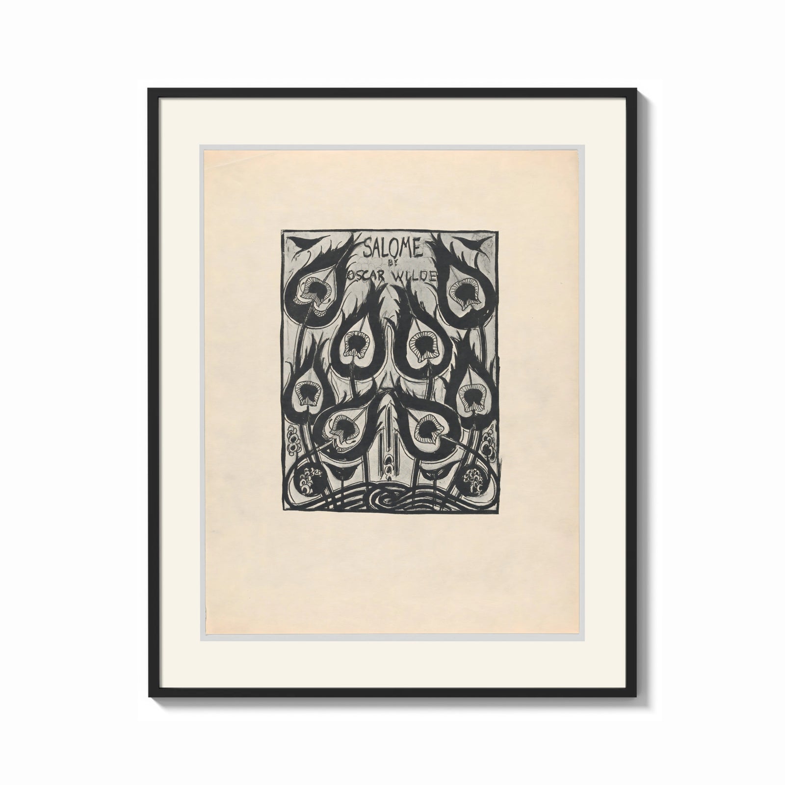 Framed Peacock feather title page design print shown as a bold statement piece on a clean gallery wall