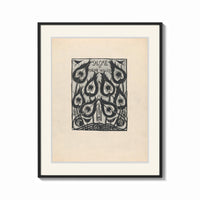 Framed Peacock feather title page design print shown as a bold statement piece on a clean gallery wall