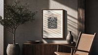 Peacock feather title page design poster framed above a fluted sideboard beside an olive tree