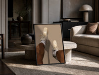 Beige Sneakers and White Socks print on the floor, leaning against a travertine table