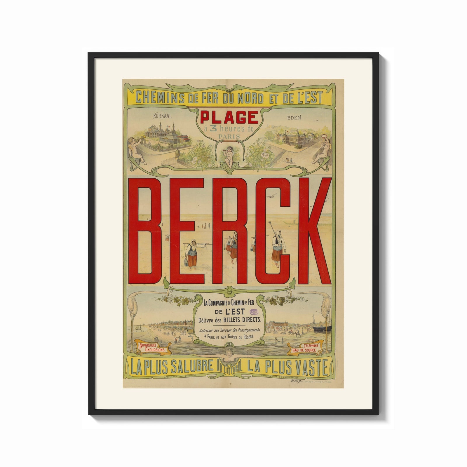 Framed Berck beach seaside resort advertisement print shown as a bold statement piece on a clean gallery wall