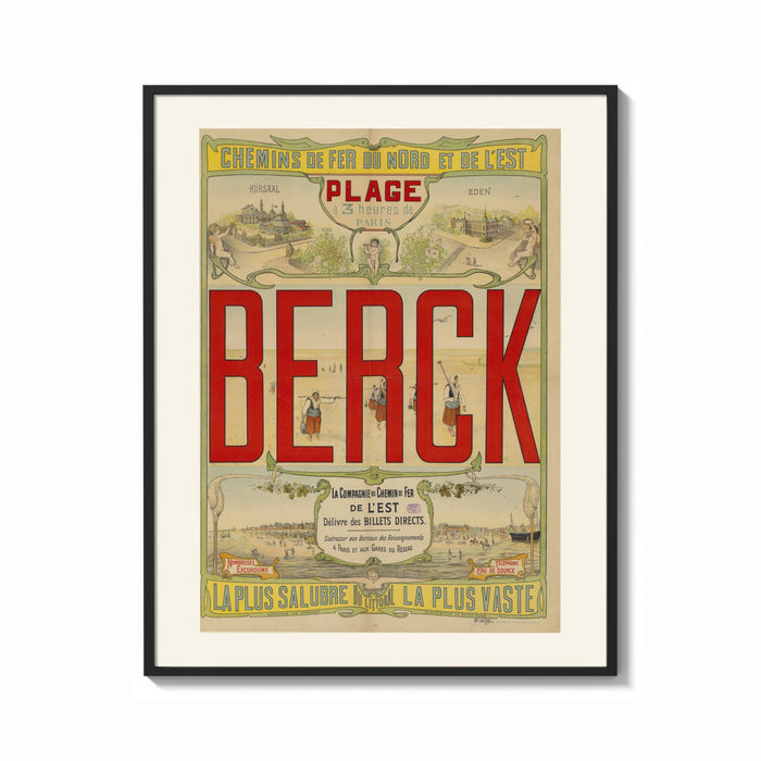 Framed Berck beach seaside resort advertisement print shown as a bold statement piece on a clean gallery wall