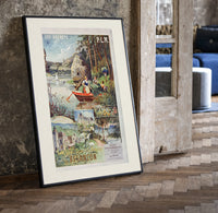 Woman rowing boat on lake print in a black frame leaning beside a vintage door on parquet