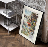 Woman rowing boat on lake poster in a black frame leaning beside a shelf in a raw-plaster loft