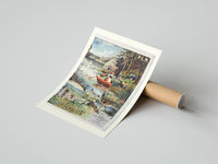 Rolled woman rowing boat on lake poster beside its crush-resistant kraft shipping tube
