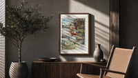 Woman rowing boat on lake poster framed above a fluted sideboard beside an olive tree