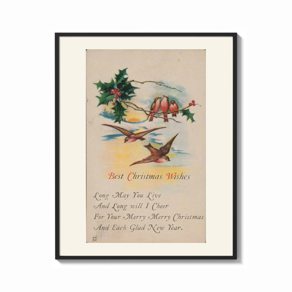 Framed Birds on branch with holly print shown as a bold statement piece on a clean gallery wall