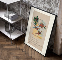 Birds on branch with holly poster in a black frame leaning beside a shelf in a raw-plaster loft