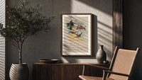 Birds on branch with holly poster framed above a fluted sideboard beside an olive tree