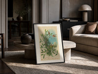 Birds Wishing You a Merry Christmas print on the floor, leaning against a travertine table