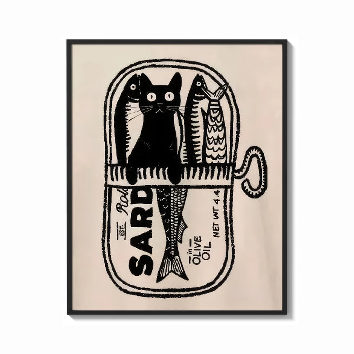 Framed Black Cat in a Sardine Tin print shown as a bold statement piece on a clean gallery wall