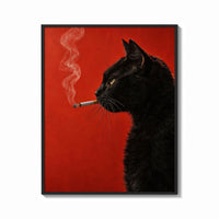 Framed Black Cat Smoking a Cigarette print shown as a bold statement piece on a clean gallery wall