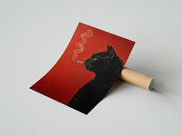 Gently curled Black Cat Smoking a Cigarette print beside its protective shipping tube