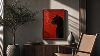 Black Cat Smoking a Cigarette poster framed above a fluted sideboard beside a potted tree