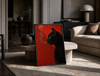 Black Cat Smoking a Cigarette print on the floor, leaning against a travertine table
