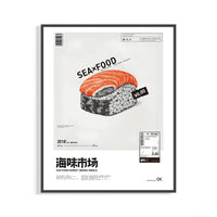 Black-framed SEAxFOOD Market Original Salmon Sushi poster with vivid orange nigiri artwork on a white wall