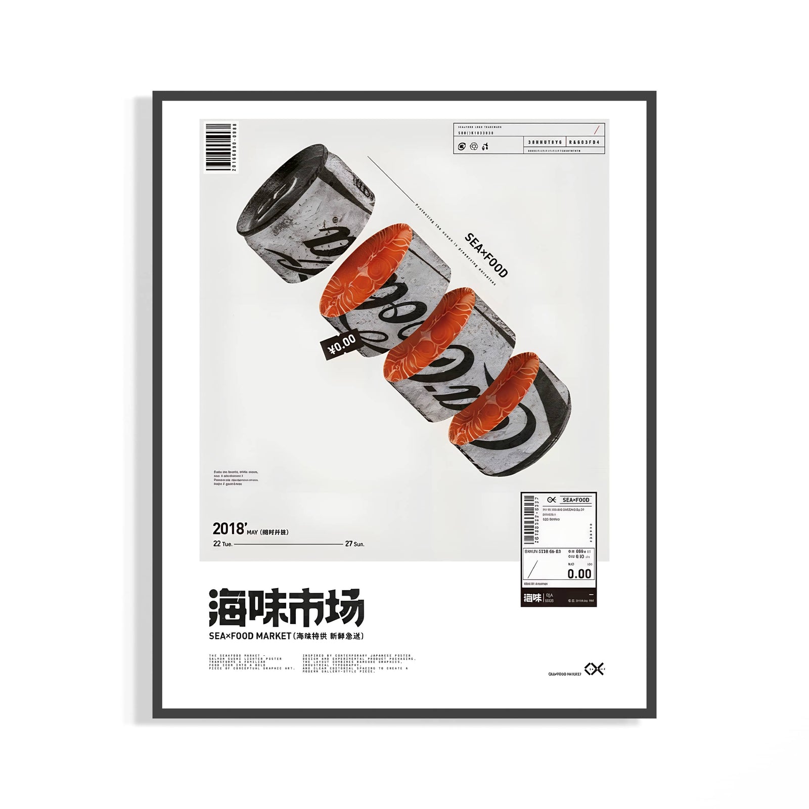 Black-framed SEAxFOOD Market poster of three stacked Coca-Cola cans with orange salmon nigiri on a white wall