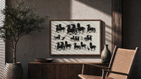 Group of black horses print in a wood frame above a fluted sideboard beside an olive tree