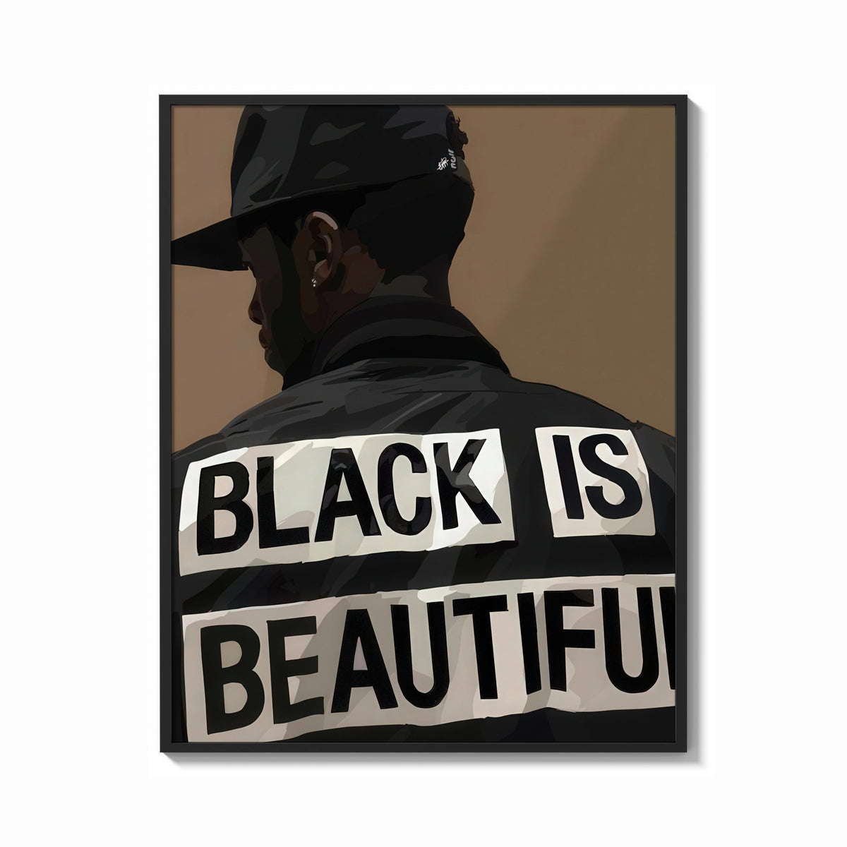 Framed Black Is Beautiful Cap print shown as a bold statement piece on a clean gallery wall