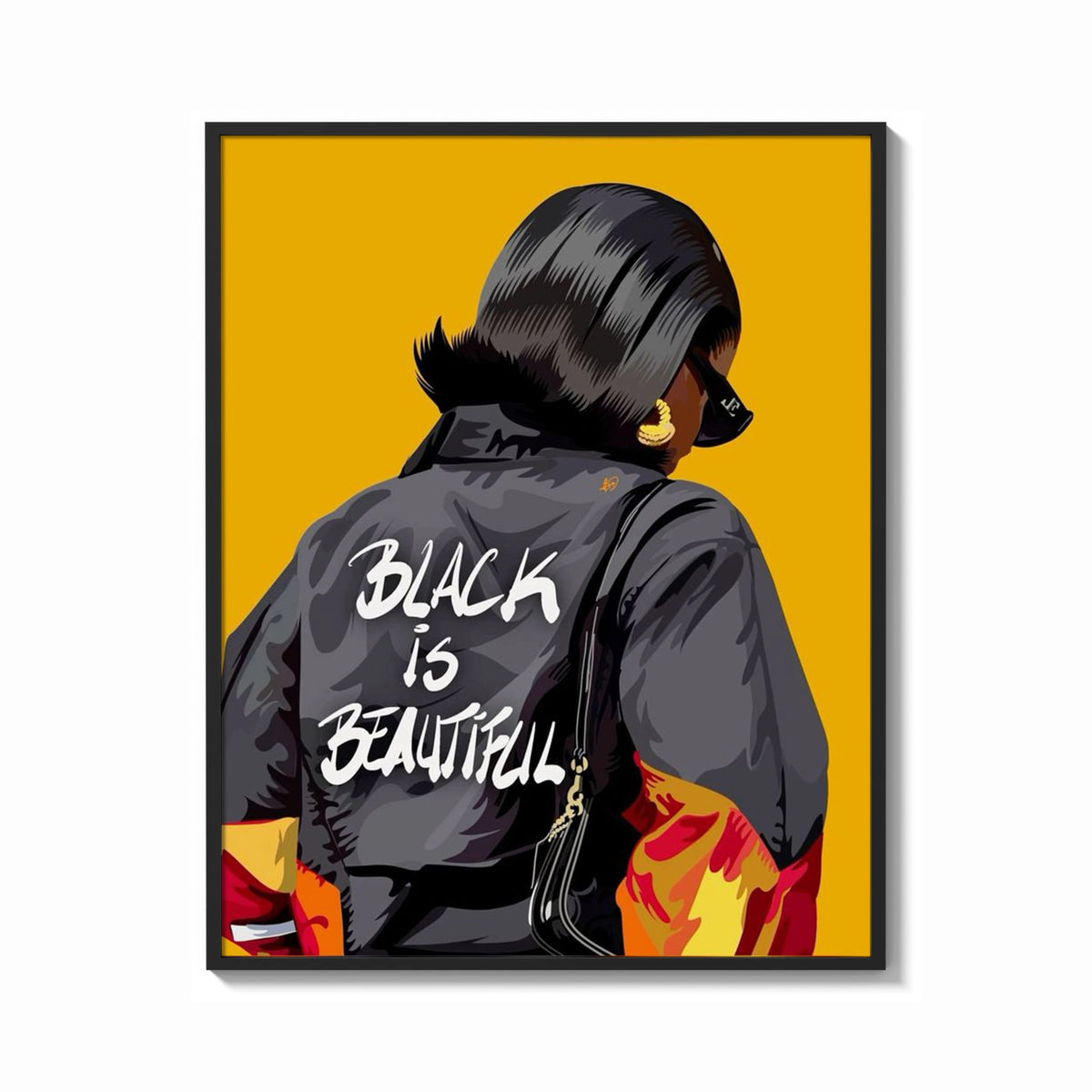 Framed Black Is Beautiful Flame Jacket print shown as a bold statement piece on a clean gallery wall