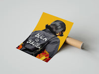 Gently curled Black Is Beautiful Flame Jacket print beside its protective shipping tube