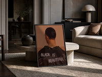 Black Is Beautiful Jacket print on the floor, leaning against a travertine table