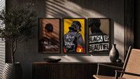 Black Is Beautiful Set of 3 in walnut frames above a sideboard in a warm room