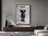 Black KAWS Companion figure standing poster framed above a wood console in a concrete-wall living room