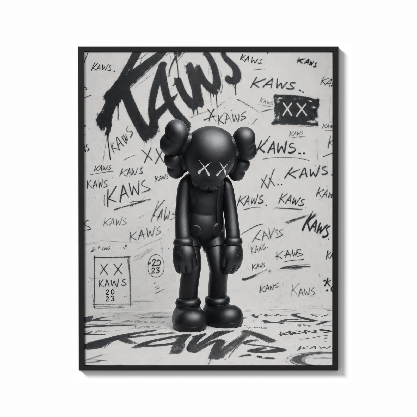 Framed head-bowed KAWS Companion print shown as a bold statement piece on a clean gallery wall