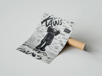 Rolled head-bowed KAWS Companion poster beside its crush-resistant kraft shipping tube