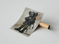 Beige brushstroke backdrop framing a black KAWS figure in a Nike hoodie and cargo pants as a rolled print