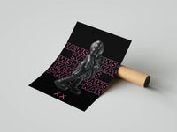 Black KAWS-style figure standing in a distinctive pose with bold neon pink text in noir XX art