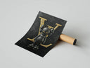 Black KAWS figure art print with gold LV monogram background — statement street luxury wall decor.