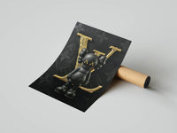 Black KAWS figure with gold LV monogram background, a statement street luxury wall decor print