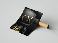 Collectible KAWS black figure print detailed with gold metallic accents for a streetwear gallery wall