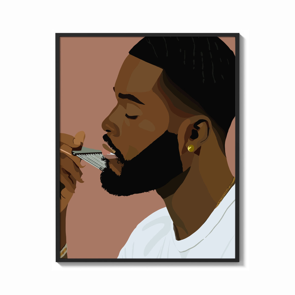 Framed Black Man Combing His Beard print shown as a bold statement piece on a clean gallery wall