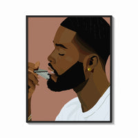 Framed Black Man Combing His Beard print shown as a bold statement piece on a clean gallery wall