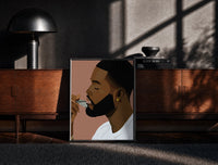 Black-framed Black Man Combing His Beard print on the floor in front of a dark wooden console