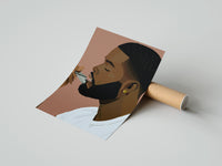 Gently curled Black Man Combing His Beard print beside its protective shipping tube