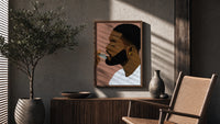 Black Man Combing His Beard poster framed above a fluted sideboard beside a potted tree