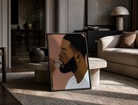 Black Man Combing His Beard print on the floor, leaning against a travertine table