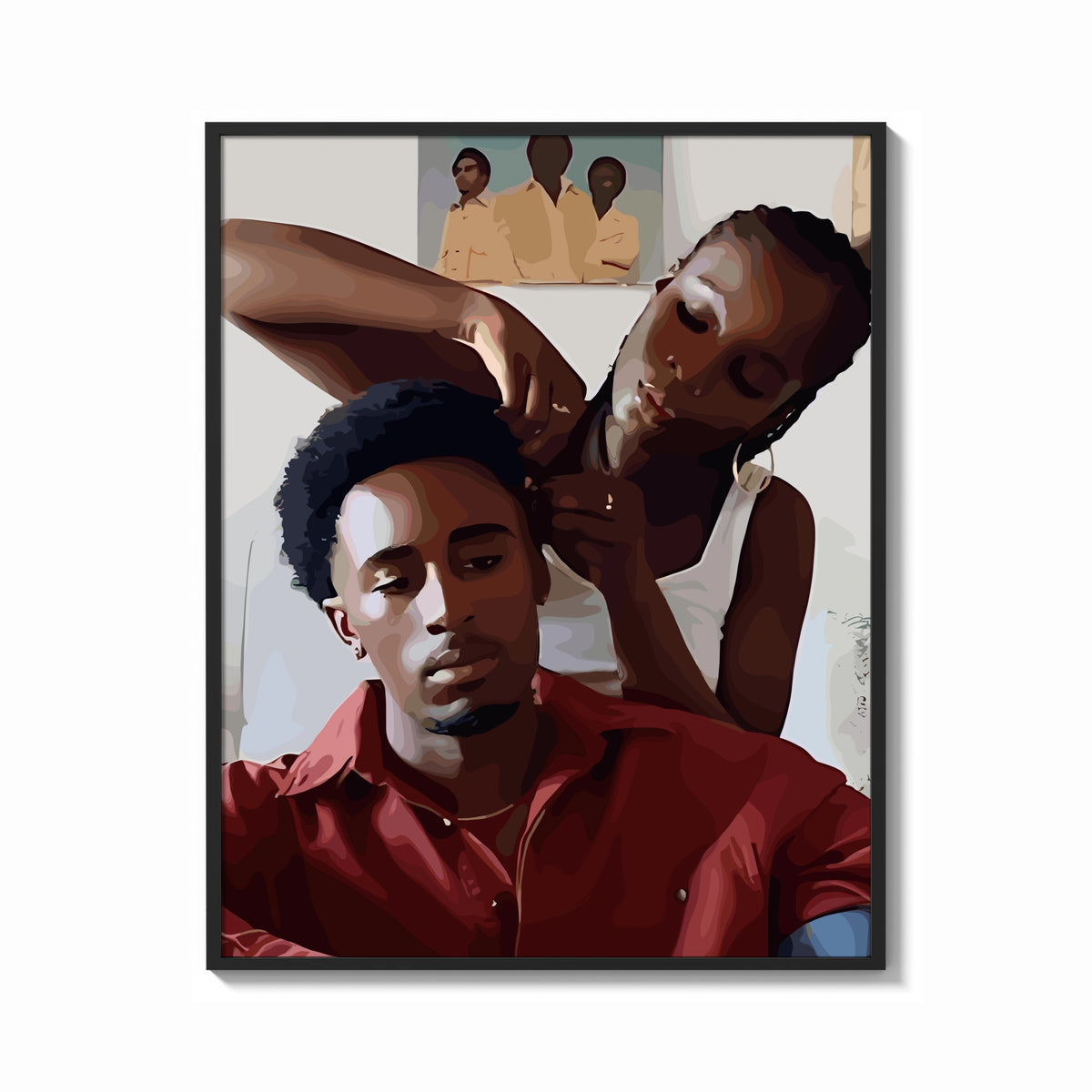 Framed Black Man Having His Hair Braided print shown as a bold statement piece on a clean gallery wall