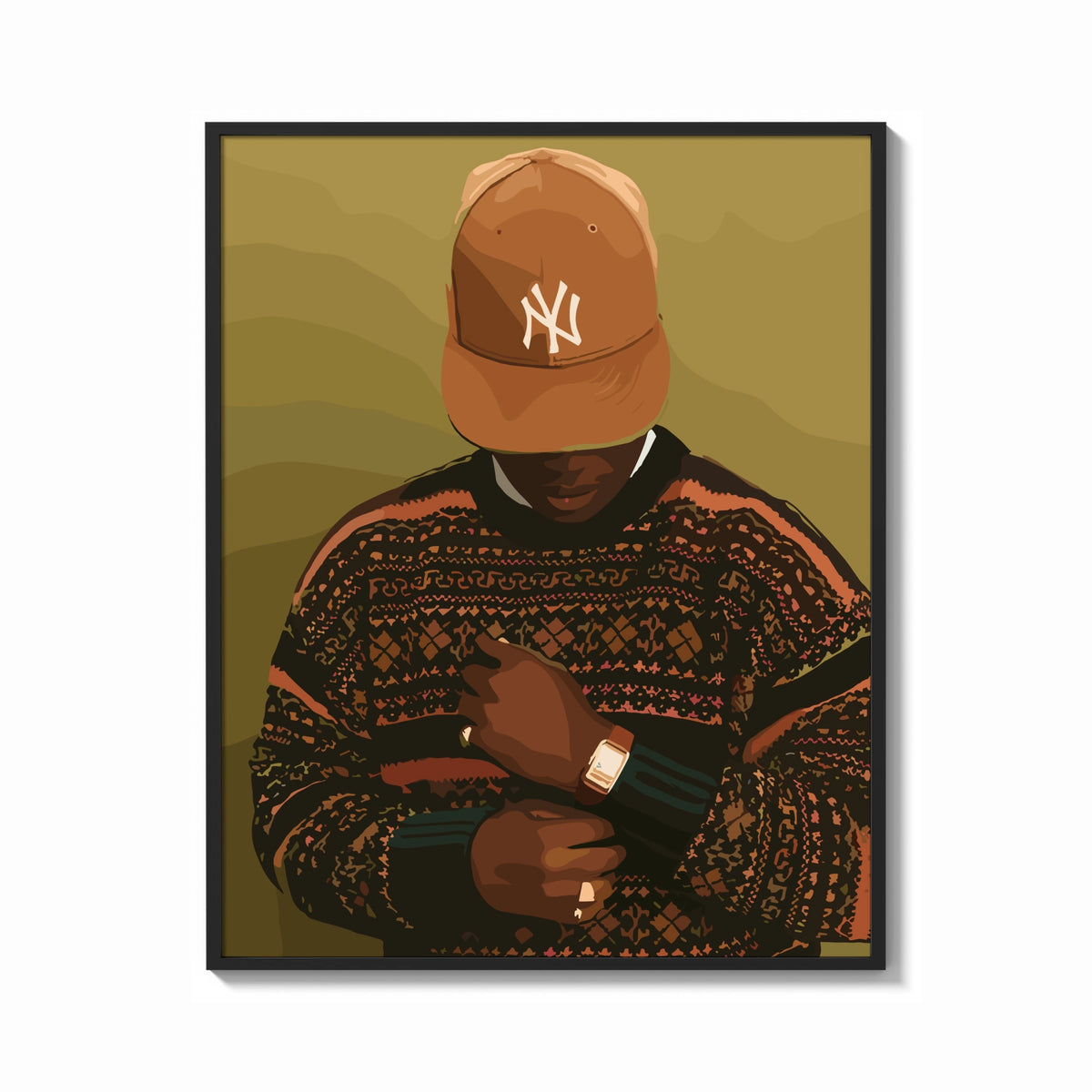 Framed Black Man in Brown Baseball Cap print shown as a bold statement piece on a clean gallery wall