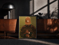 Black-framed Black Man in Brown Baseball Cap print on the floor in front of a dark wooden console