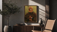 Black Man in Brown Baseball Cap poster framed above a fluted sideboard beside a potted tree